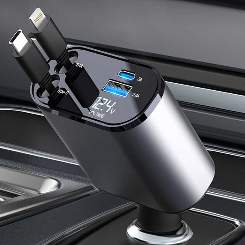 4 in 1 Retractable Car Charger, 100W Fast Car Phone Charger with Iphone and Type C Cable and 2 Charging Ports Car Charger Adapter