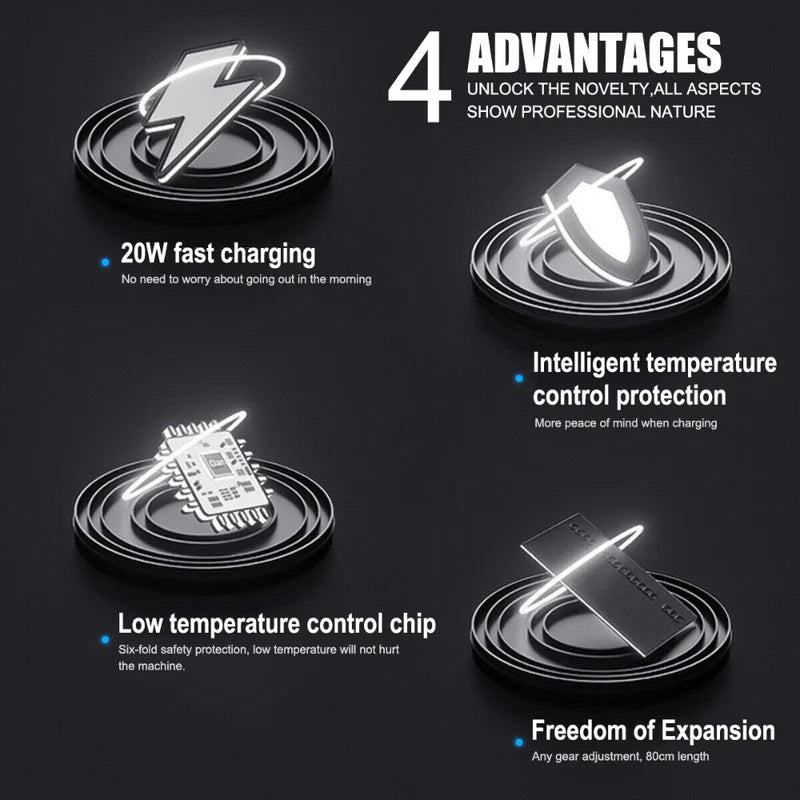 4 in 1 Retractable Car Charger, 100W Fast Car Phone Charger with Iphone and Type C Cable and 2 Charging Ports Car Charger Adapter