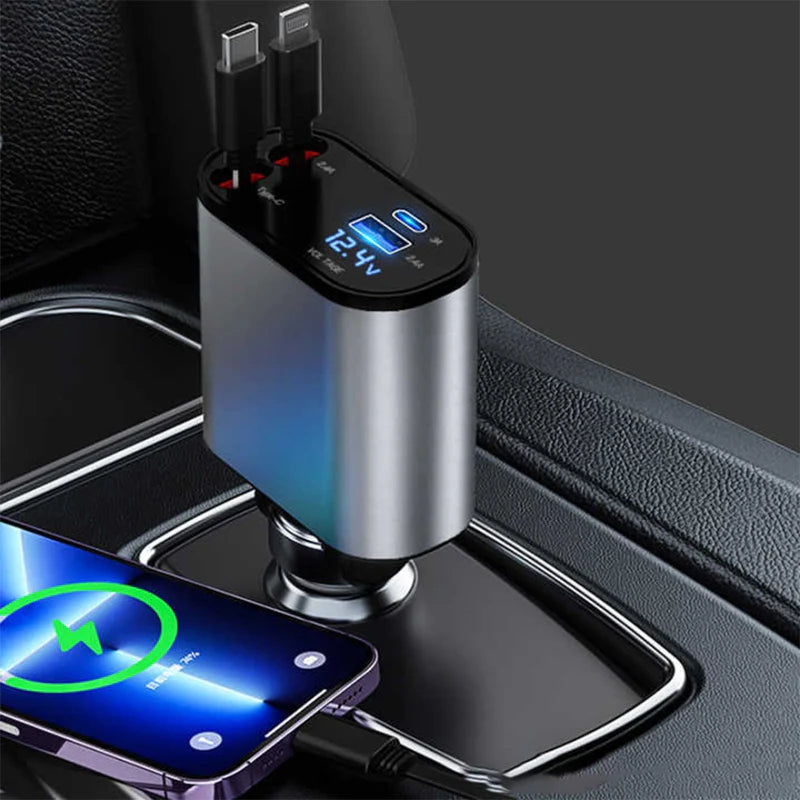 4 in 1 Retractable Car Charger, 100W Fast Car Phone Charger with Iphone and Type C Cable and 2 Charging Ports Car Charger Adapter