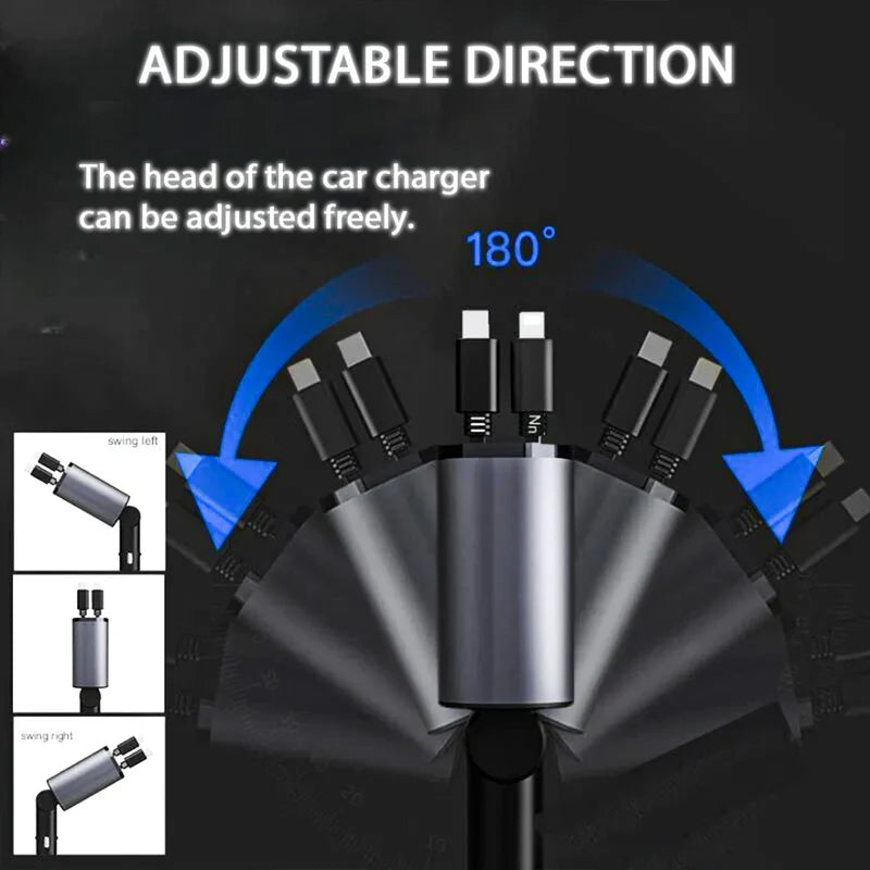 4 in 1 Retractable Car Charger, 100W Fast Car Phone Charger with Iphone and Type C Cable and 2 Charging Ports Car Charger Adapter