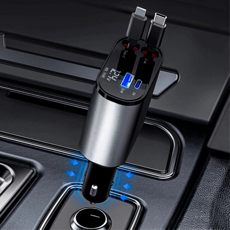 4 in 1 Retractable Car Charger, 100W Fast Car Phone Charger with Iphone and Type C Cable and 2 Charging Ports Car Charger Adapter